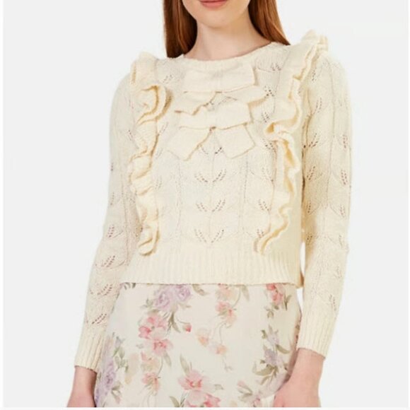 Womens LoveShackFancy Kennie Cream Double Bows  Ruffled Trim Sweater XS - Picture 1 of 11